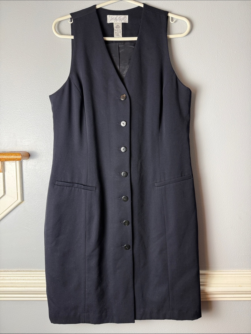 Lord & Taylor Navy Sleeveless Midi Button Dress 100% wool